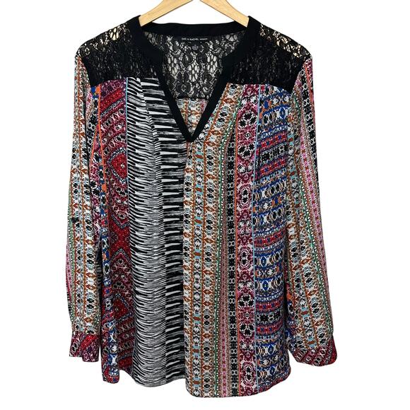 Zac & Rachel Boho Blouse Womens 1X Multicolor Lace‎ Flowy V Neck Lightweight Top - Picture 1 of 7
